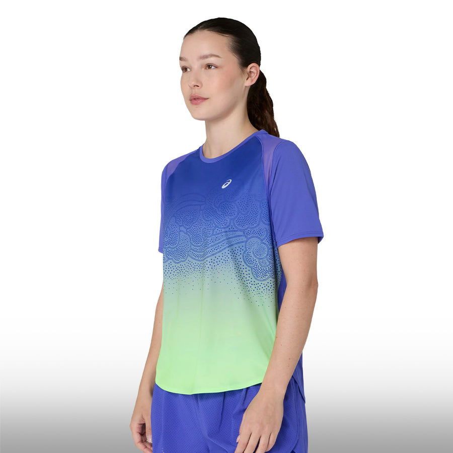 Asics Blusa Road Fade Ss Top Mujer Cobalt Burst Illuminate Green