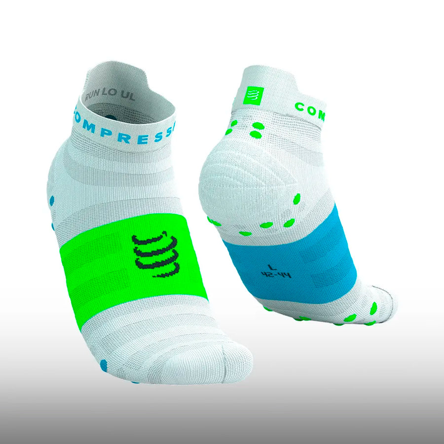Compressport Pro Racing Socks V4.0 Ultralight Run Low White Norse Blue Neon Green