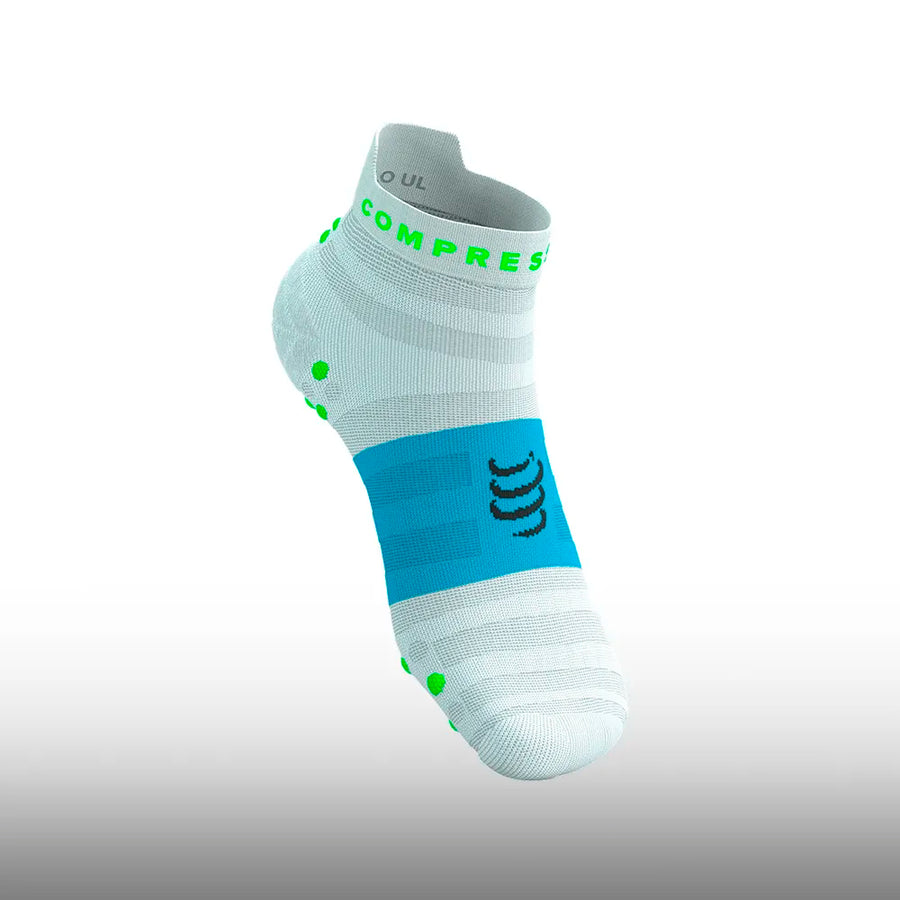 Compressport Pro Racing Socks V4.0 Ultralight Run Low White Norse Blue Neon Green