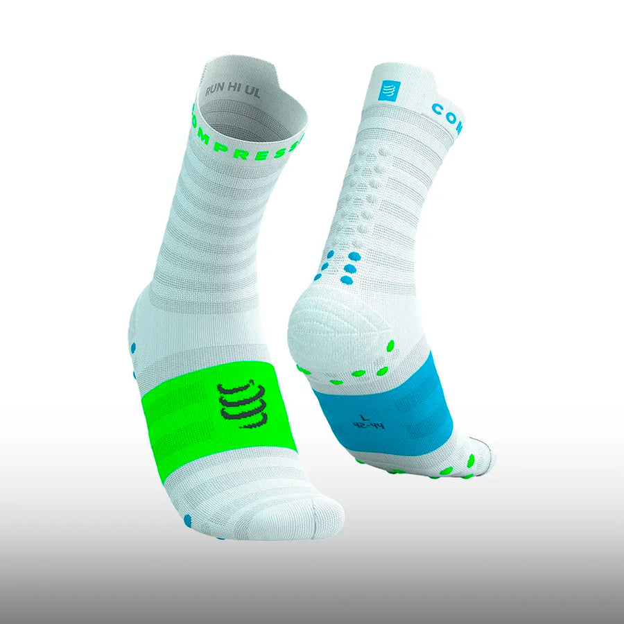 Compressport Pro Racing Socks v4.0 Ultralight Run High White Norse Blue Neon