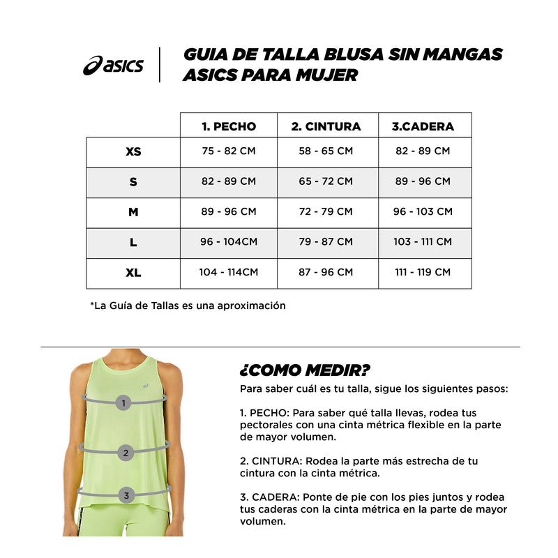 Guia de tallas blusa sin mangas asics