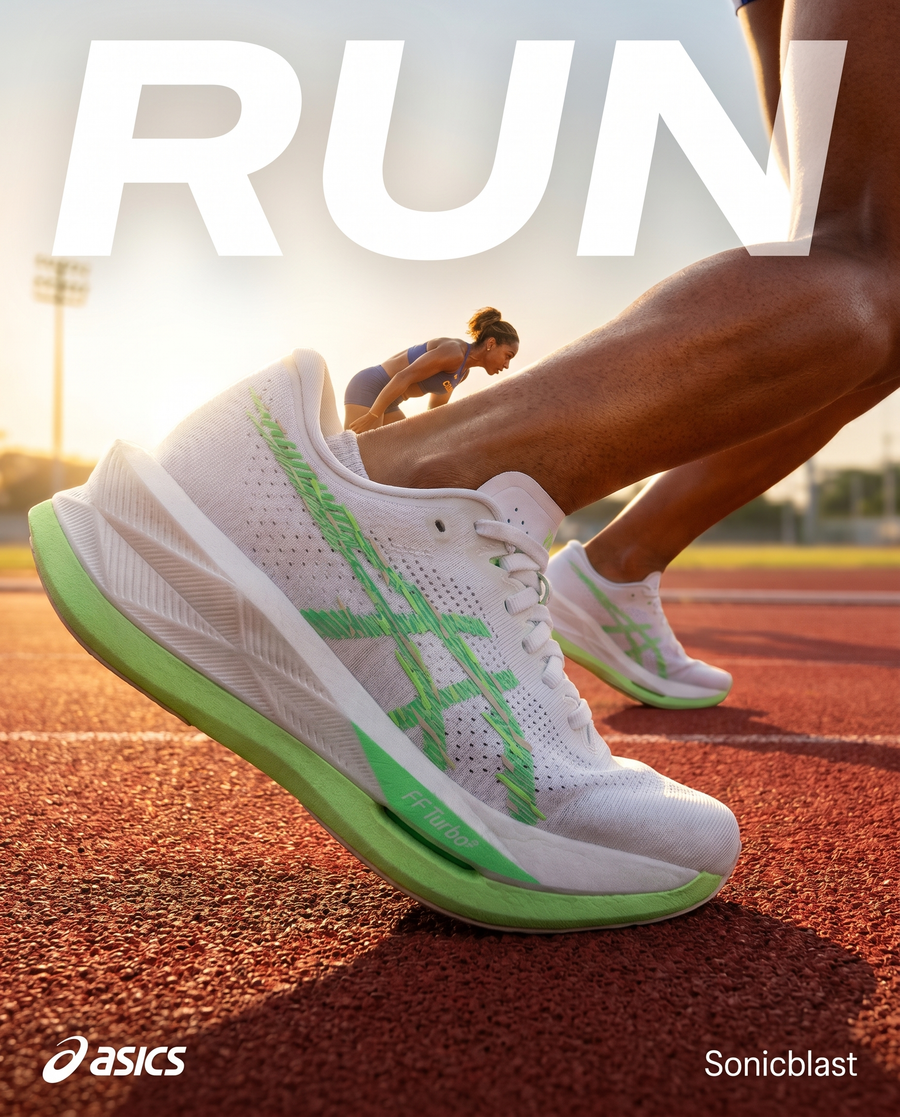 Asics Sonicblast Mujer White Vital Green campaña running velocidad Meta Ads variación 2