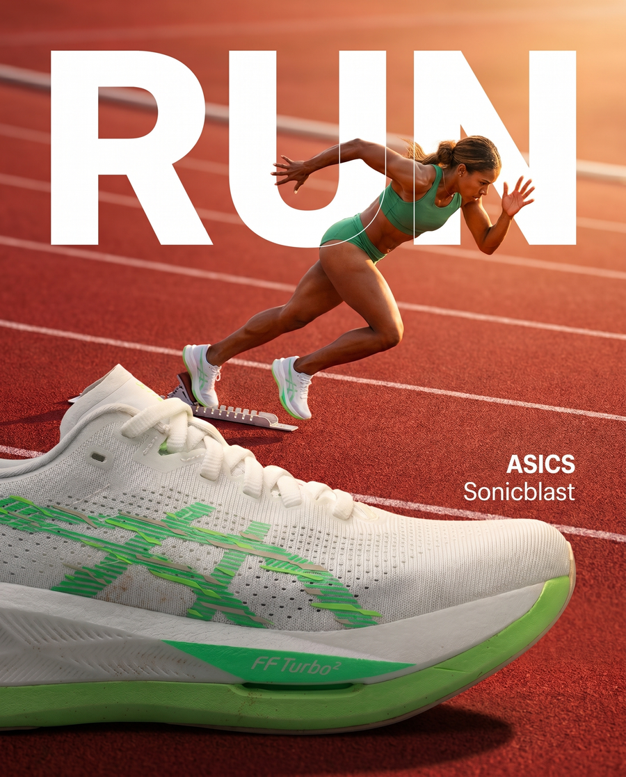 Asics Sonicblast Mujer White Vital Green campaña publicitaria Meta Ads corredor colombiana pista