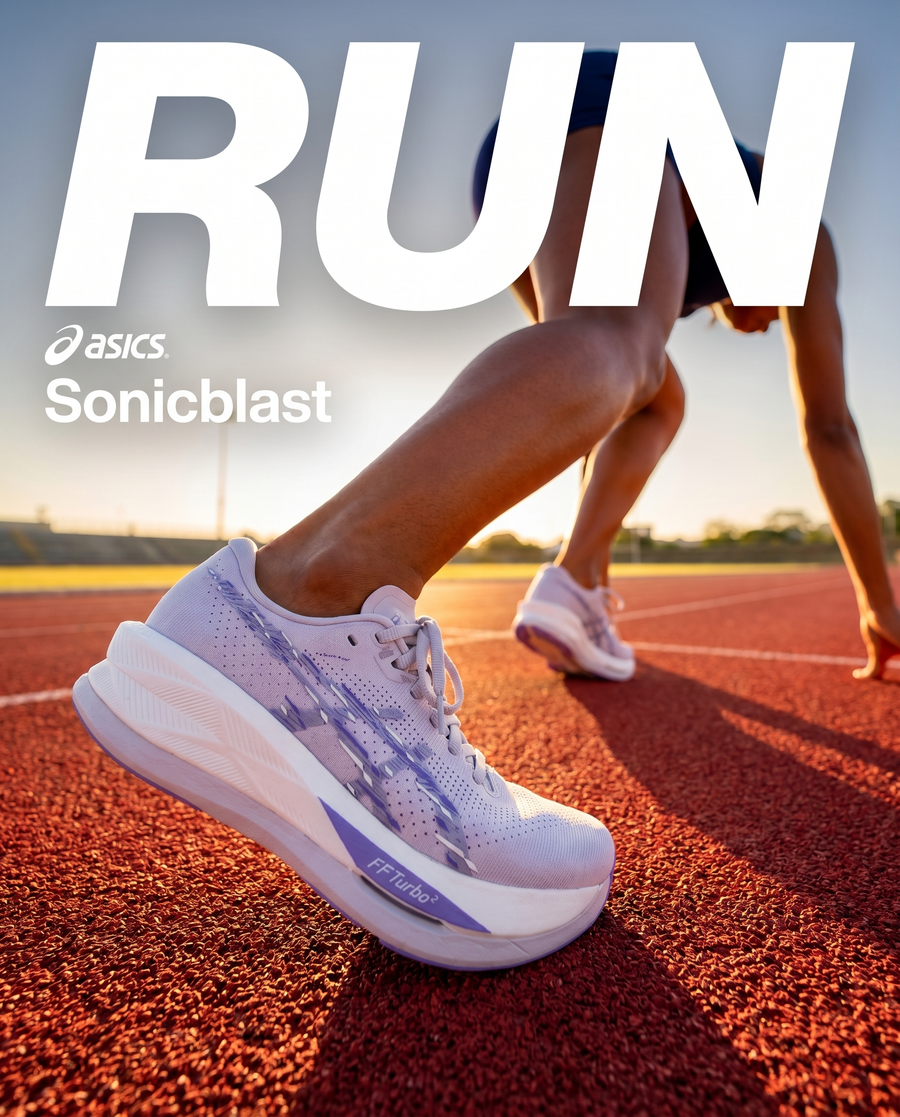 Asics Sonicblast Mujer Lilac Hint White campaña publicitaria Meta Ads corredor colombiana pista velocidad
