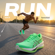 Asics Sonicblast Hombre Vital Green campaña Meta Ads corredor colombiano avenida urbana amanecer 1:1