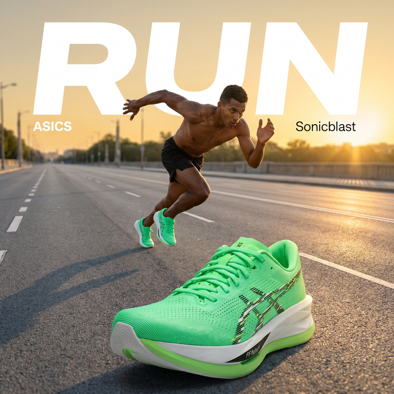 Asics Sonicblast Hombre Vital Green campaña Meta Ads corredor colombiano avenida urbana amanecer 1:1
