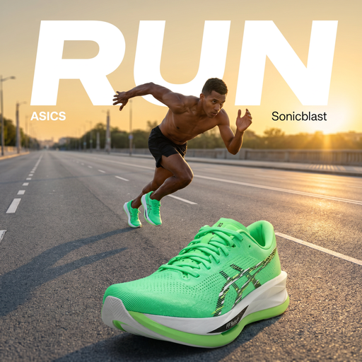 Asics Sonicblast Hombre Vital Green campaña Meta Ads corredor colombiano avenida urbana amanecer 1:1