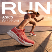 Asics Sonicblast Mujer Dark Pink Clay White campaña Meta Ads corredora colombiana malecón atardecer variación 1