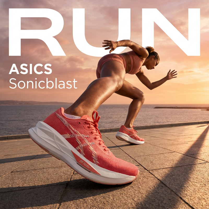 Asics Sonicblast Mujer Dark Pink Clay White campaña Meta Ads corredora colombiana malecón atardecer variación 1
