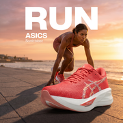 Asics Sonicblast Mujer Dark Pink Clay White campaña Meta Ads corredora colombiana malecón atardecer variación 2