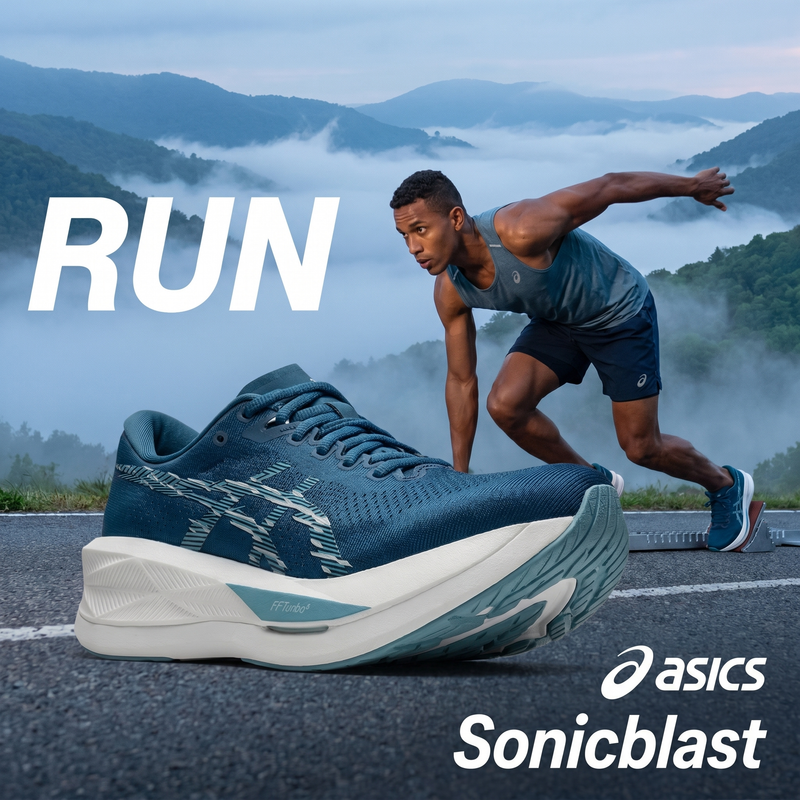 Asics Sonicblast Hombre Winter Sea Stillwater campaña Meta Ads corredor colombiano mirador montaña niebla variación 1