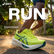 Asics Sonicblast Hombre Citron Tranquil Teal campaña Meta Ads corredor colombiano boulevard tropical amanecer