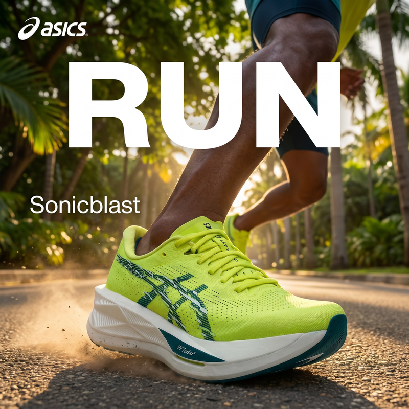 Asics Sonicblast Hombre Citron Tranquil Teal campaña Meta Ads corredor colombiano boulevard tropical amanecer