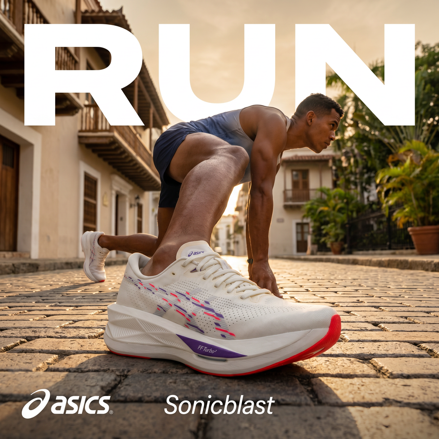 Asics Sonicblast Hombre Cream Blue Fade campaña Meta Ads corredor colombiano calle colonial adoquinada amanecer