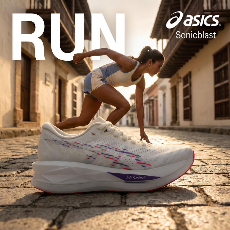 Asics Sonicblast Mujer Cream Blue Fade campaña Meta Ads corredora colombiana calle colonial adoquinada amanecer