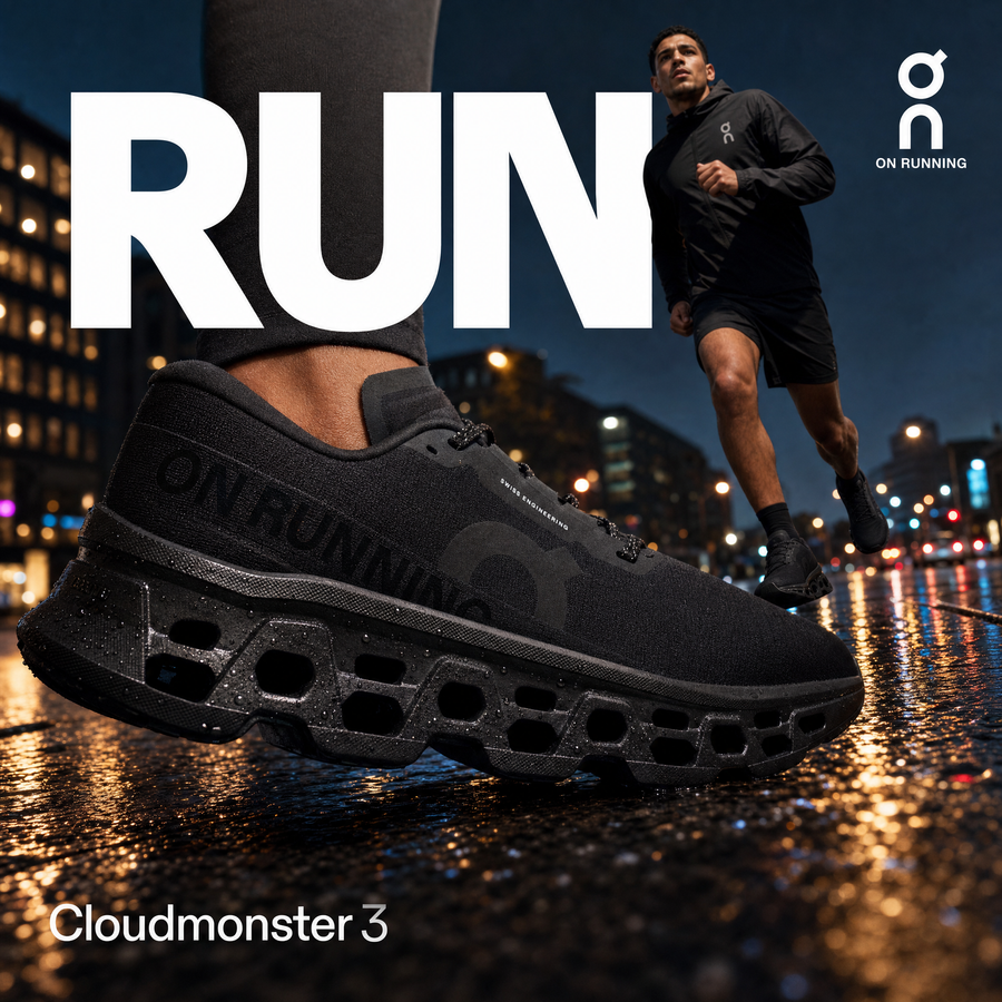 On Running Cloudmonster 3 Hombre Black campaña Meta Ads corredor colombiano asfalto mojado ciudad madrugada variación 1