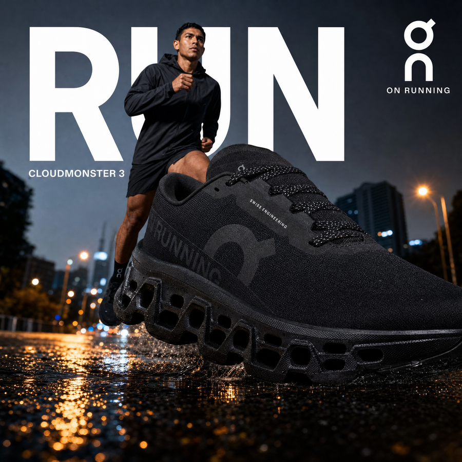 On Running Cloudmonster 3 Hombre Black campaña Meta Ads corredor colombiano asfalto mojado ciudad madrugada variación 2