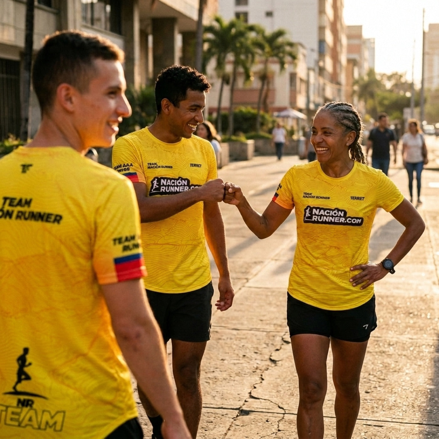 Tres corredores del Team Member chocan puños después de entrenar, con la camiseta amarilla de Nación Runner